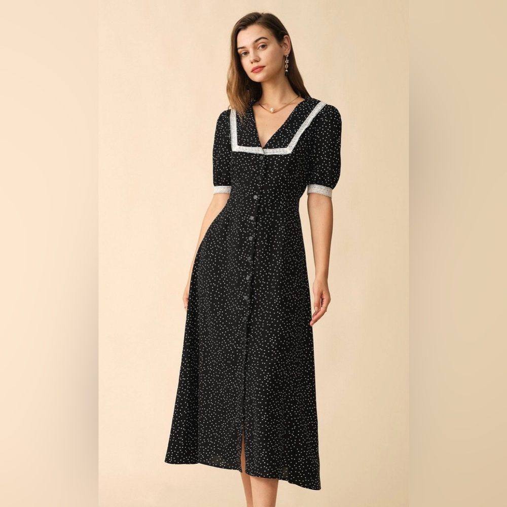 The Polka Dot Lace Trim Midi Dress